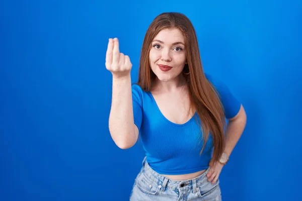 Redhead Woman Standing Blue Background Doing Italian Gesture Hand Fingers — Stock Photo, Image