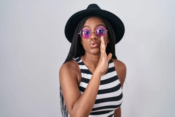 Young African American Braids Wearing Hat Sunglasses Hand Mouth Telling — Stock Photo, Image