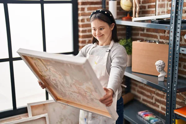 Young Woman Syndrome Artist Smiling Confident Holding Draw Canvas Art — Stock Photo, Image