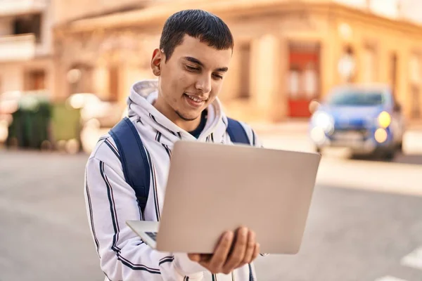 Young Man Student Using Laptop Standing Street — Foto Stock