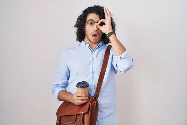 Hispanic Man Curly Hair Drinking Cup Take Away Coffee Doing — Stock Photo, Image