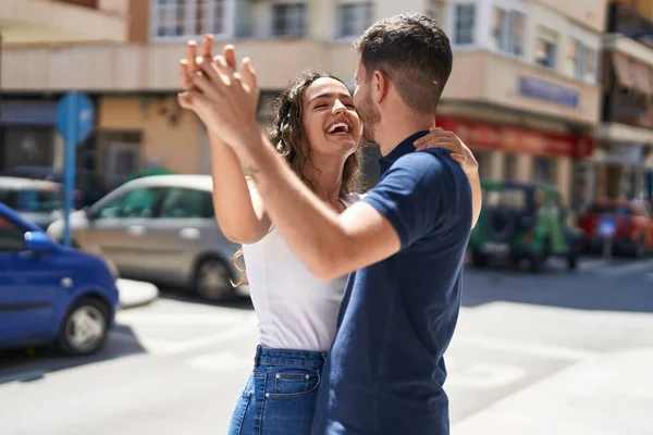 Young Hispanic Couple Smiling Confident Hugging Each Other Dancing Street — Photo