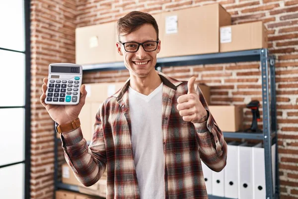 Caucasian Business Man Working Small Business Ecommerce Holding Calculator Smiling — Stock Photo, Image