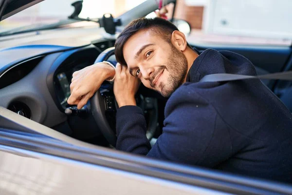 Young Hispanic Man Smiling Confident Leaning Steering Wheel Street — Stock Photo, Image
