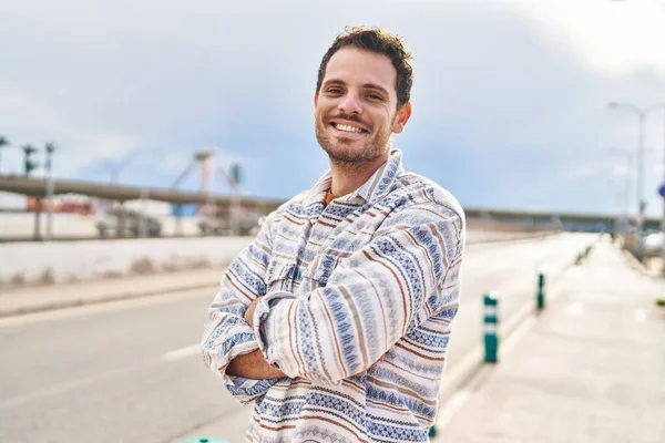 Young Hispanic Man Smiling Confident Standing Arms Crossed Gesture Street — Stockfoto