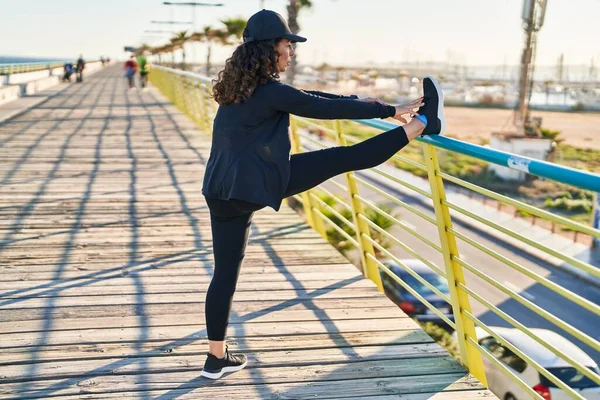 Middle Age Hispanic Woman Stretching Legs Promenade — Photo