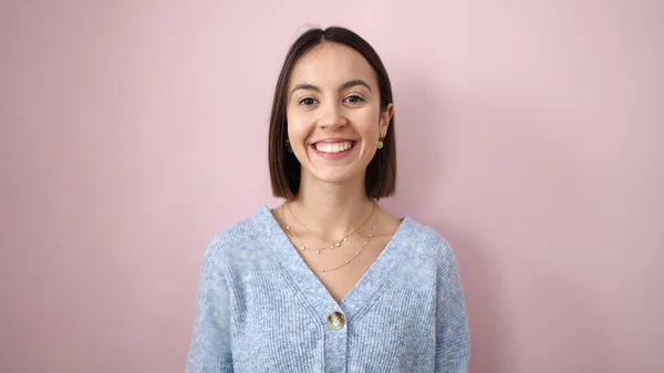 Young Beautiful Hispanic Woman Smiling Confident Standing Isolated Pink Background — 图库照片