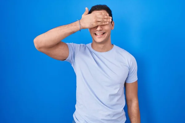 Young Hispanic Man Standing Blue Background Smiling Laughing Hand Face — Photo