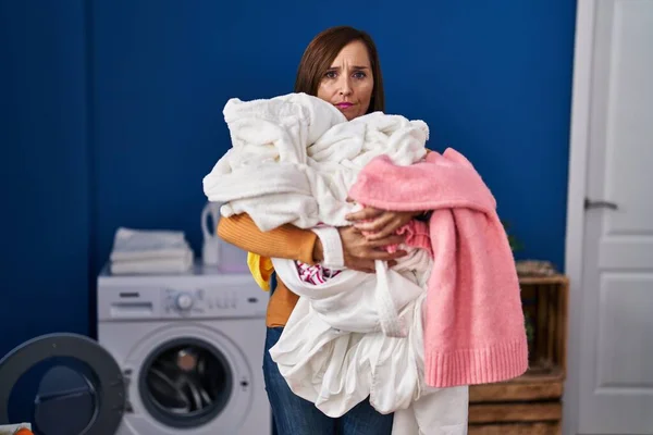 Middle Age Woman Holding Dirty Laundry Ready Put Washing Machine — Stock Photo, Image