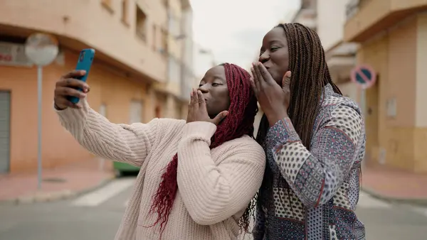 Two African American Friends Smiling Confident Having Video Call Street — ストック写真