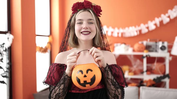 Young Blonde Woman Wearing Katrina Costume Holding Halloween Pumpkin Basket — Stock Photo, Image