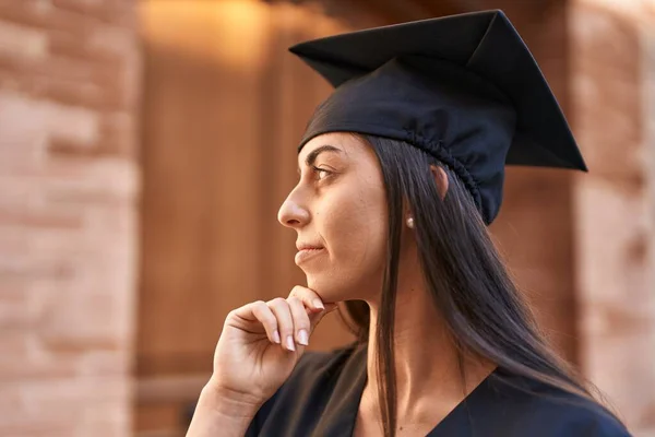 Young Hispanic Woman Wearing Graduated Uniform Standing Relaxed Expression University — Foto de Stock