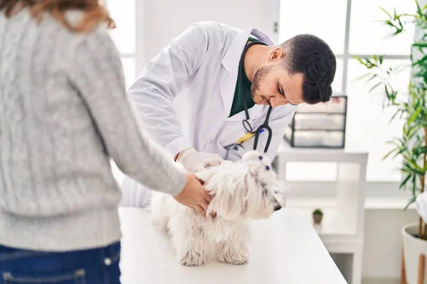Man Woman Veterinarian Examining Dog Veterinary Clinic — Stok fotoğraf