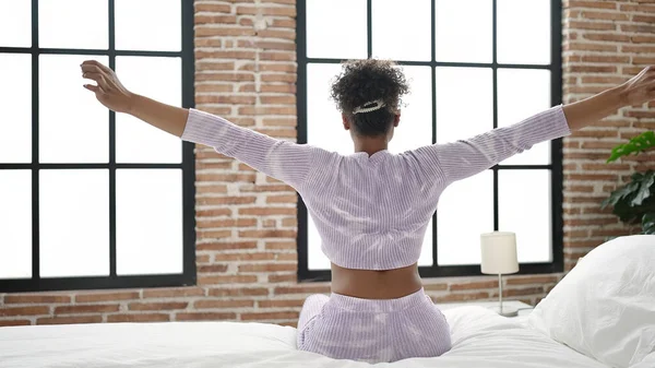 African American Woman Waking Stretching Arms Bedroom — Stock Photo, Image