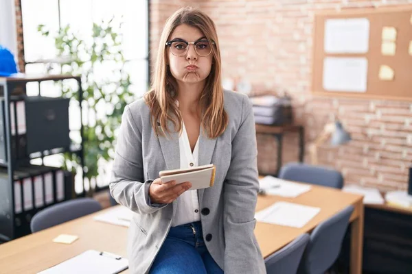 Young Hispanic Woman Working Office Wearing Glasses Puffing Cheeks Funny — Photo