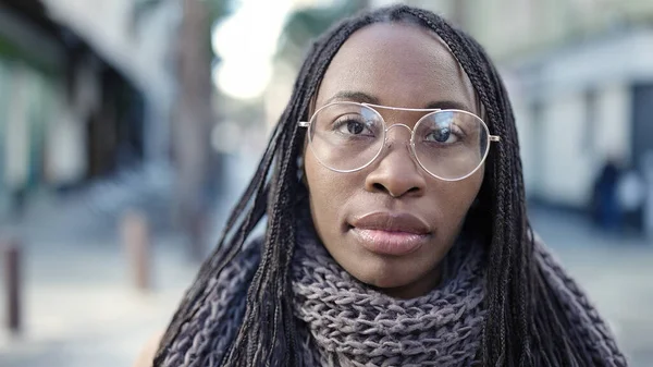 African Woman Standing Serious Expression Wearing Glasses Street — Stockfoto