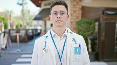 Genç İspanyol doktor gülümsüyor. Kollarını kavuşturup kahve dükkanının terasında duruyor.