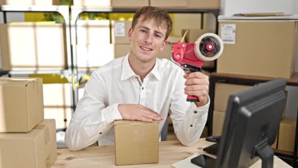 Young Caucasian Man Ecommerce Business Worker Packing Cardbord Box Office — Stock Video