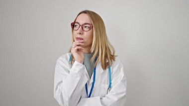 Şüpheli bir ifadeyle duran genç sarışın kadın doktor izole edilmiş beyaz arka planı düşünüyor.