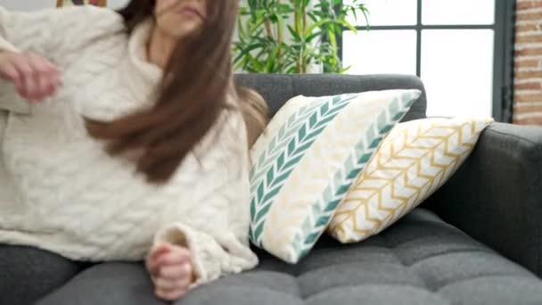 Young Beautiful Hispanic Woman Lying Sofa Sleeping Home — Stock videók