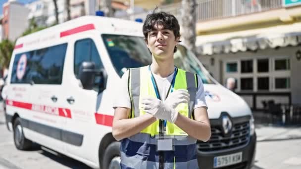 Νεαρός Ισπανός Νοσοκόμος Στέκεται Σταυρωμένα Χέρια Ασθενοφόρο Στο Δρόμο — Αρχείο Βίντεο