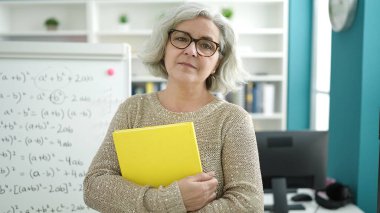 Middle age woman with grey hair teacher teaching maths lesson holding book at university classroom