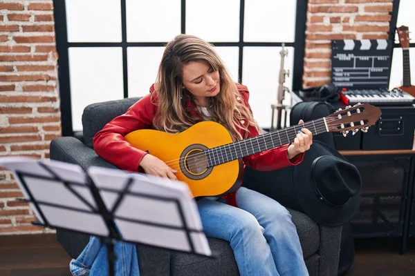 Young Woman Musician Playing Classical Guitar Music Studio — Foto de Stock
