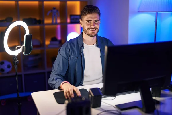 Young Caucasian Man Streamer Playing Video Game Using Computer Gaming — ストック写真