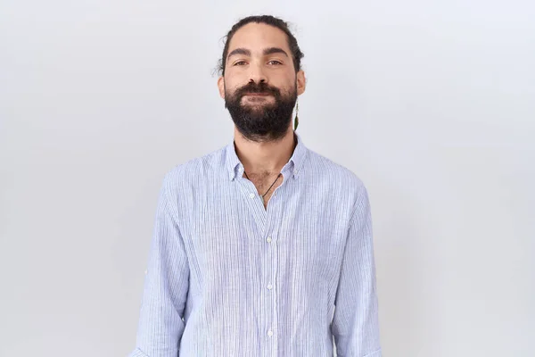 Hombre Hispano Con Barba Llevando Una Camisa Casual Hinchando Mejillas —  Fotos de Stock