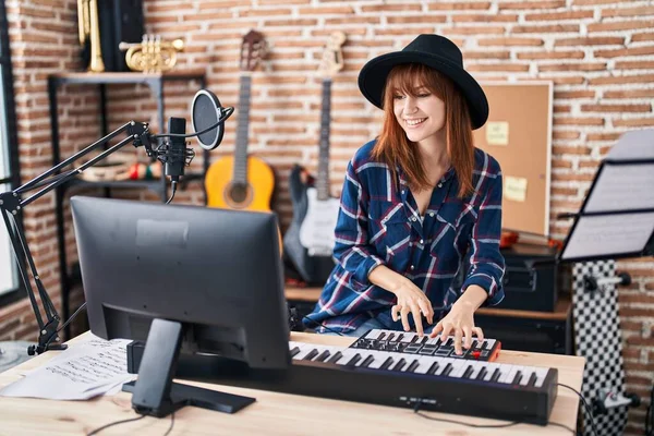 Young Woman Musician Playing Piano Keyboard Music Studio — Foto de Stock