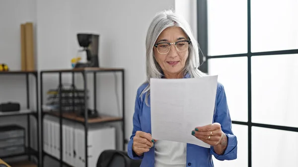 Middle Age Grey Haired Woman Business Worker Reading Document Office — Stock Photo, Image