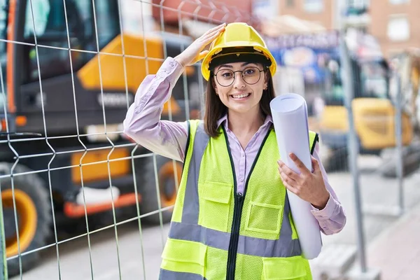 Hispanic Girl Wearing Architect Hardhat Construction Site Stressed Frustrated Hand — Stock Photo, Image