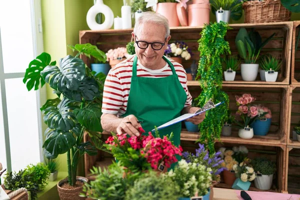 Middle Age Grey Haired Man Florist Reading Document Touching Plant — Stockfoto
