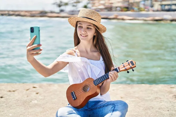 Adorable Girl Tourist Make Selfie Smartphone Playing Ukulele Seaside — Foto de Stock
