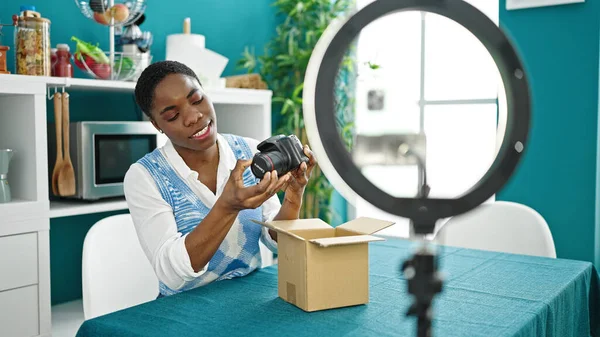 African American Woman Recording Online Tutorial Social Networks Unpacking Professional — Stock Photo, Image