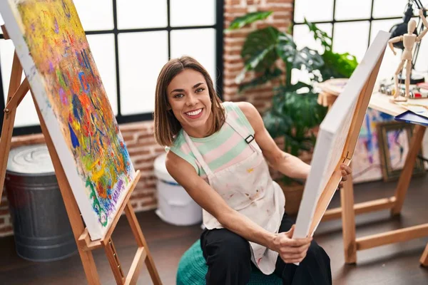Young Beautiful Hispanic Woman Artist Smiling Confident Holding Draw Art — Stock fotografie