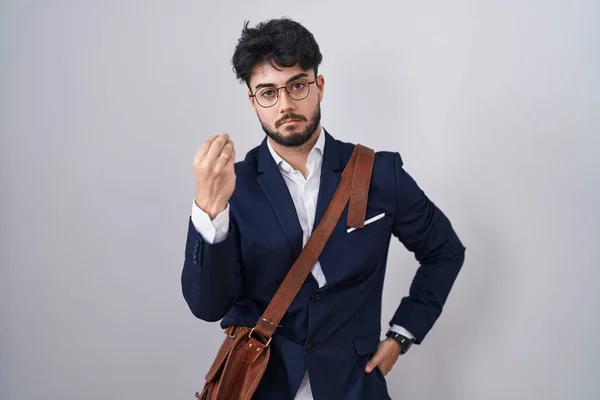 Hispanischer Mann Mit Bart Businesskleidung Macht Italienische Geste Mit Selbstbewusstem — Stockfoto