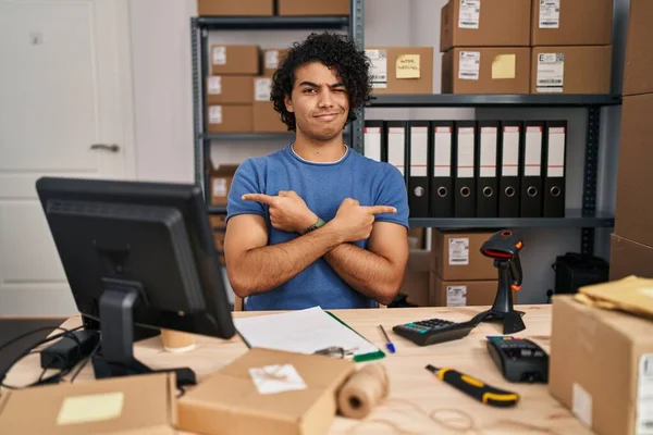 Hispanic Man Curly Hair Working Small Business Ecommerce Pointing Both — Stock Photo, Image
