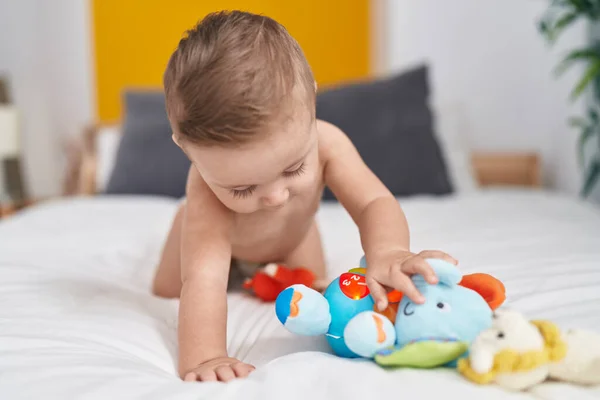 Adorable Caucasian Baby Playing Elephant Toy Sitting Bed Bedroom — Stock Photo, Image