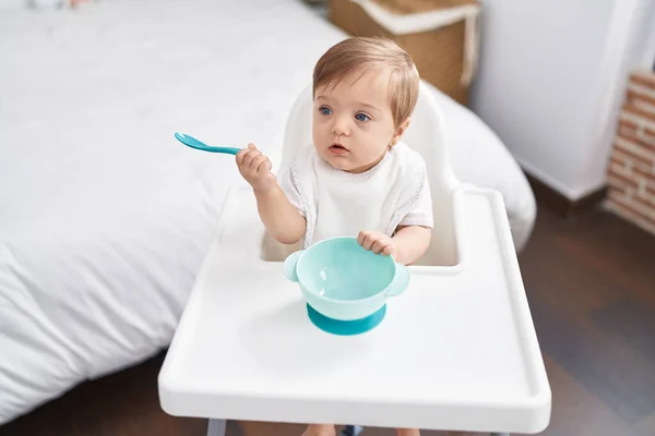 Adorable Caucasian Baby Sitting Highchair Holding Spoon Bedroom — Stock Photo, Image