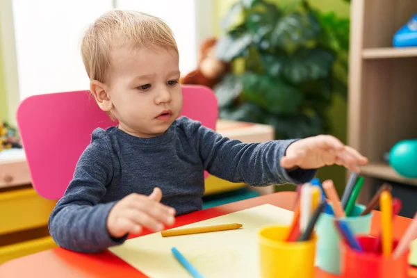 Adorable Blond Toddler Preschool Student Sitting Table Drawing Paper Kindergarten —  Fotos de Stock