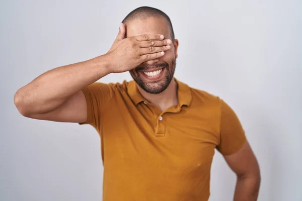 Hispanic Man Beard Standing White Background Smiling Laughing Hand Face — Stockfoto