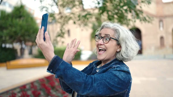 Middle Age Woman Grey Hair Smiling Confident Having Video Call — Stock Photo, Image