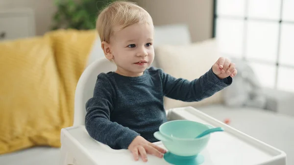 Adorable Blond Toddler Sitting Highchair Waiting Eat Home — Stock Photo, Image