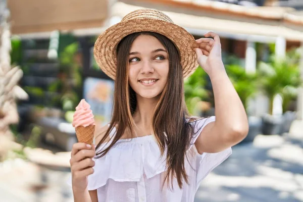 Adorable Girl Tourist Smiling Confident Eating Ice Cream Street — стоковое фото