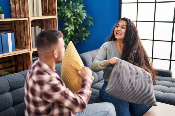 Man Woman Couple Fighting Cushion Sitting Sofa Home — 스톡 사진