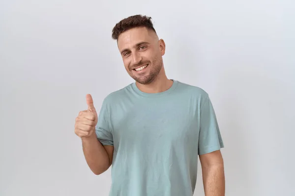 Hispanic Man Beard Standing White Background Doing Happy Thumbs Gesture — Foto Stock