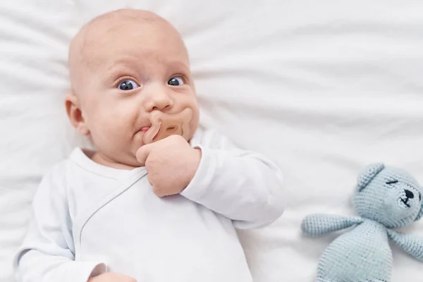 Adorable Caucasian Baby Lying Bed Sucking Pacifier Bedroom — Stock Photo, Image