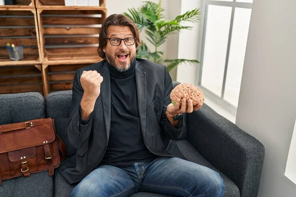 Handsome Middle Age Man Consultation Office Holding Brain Screaming Proud — Stock Photo, Image