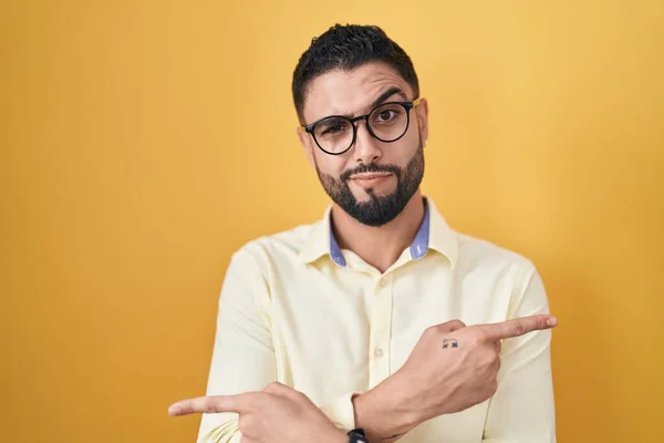 Hispanic Young Man Wearing Business Clothes Glasses Pointing Both Sides — Stock Photo, Image